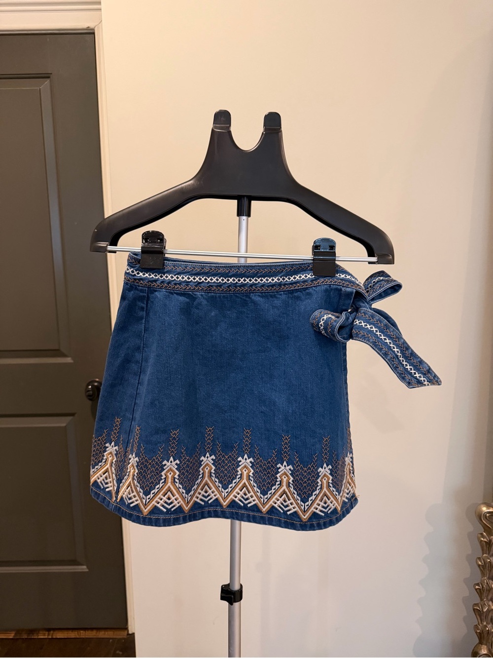 Free People Embroidered Denim Wrap Mini Skirt with Tie Waist
